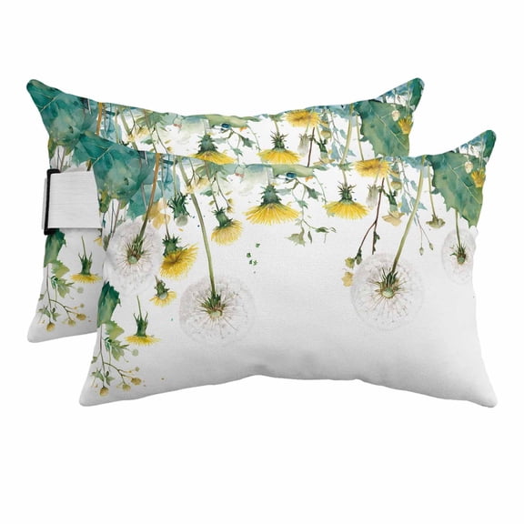 Hanging Dandelions Outdoor Pillows for Chaise Lounge Chair Beach Headrest Pillow Set of 2 Waterproof Lumbar Pillows with Insert&Strap Green Leaves Botanical Flower Minimalist Pool Pillow 11"x16"