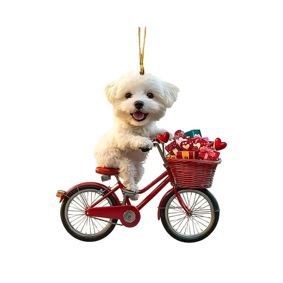 Hanging Day Sign Anniversary Pendant Wall Door Pendant Home Party Ornaments For Walls Doors Decorations 1Pc, White Dog On Bicycle With Gift Baskets Wall Hanging Ornament, Festive