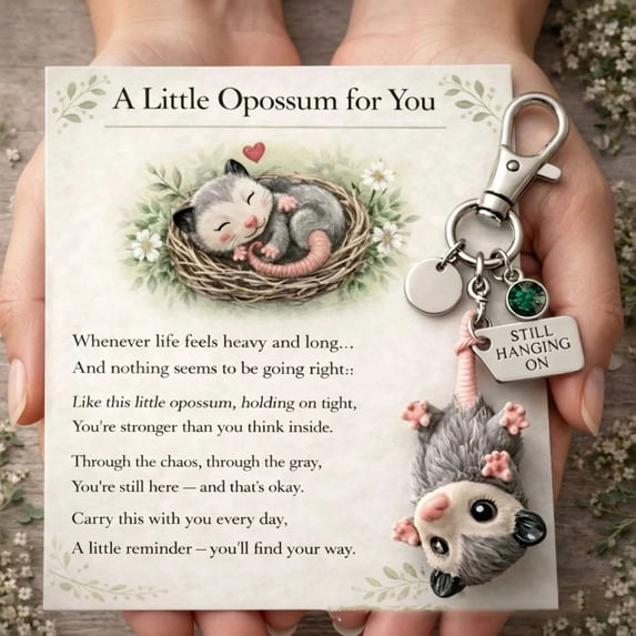 Hanging Decor Cute Opossum Keychain Inspirational " Hanging On" Charm Double Sided For Friends Family Gift Solid Black