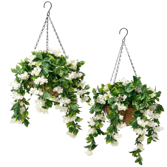 Hanging Decor, Outdoor Hanging Decor, Fake Hanging Flowers, 10 in Planter, Uv Resistant Foliage, Spring Porch, White Blossoms, 2 Pc