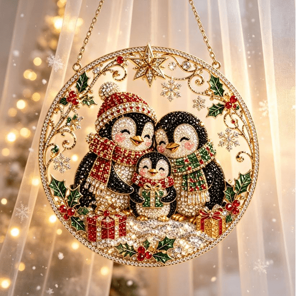 Hanging Diamond Art Christmas Wreath Kit for DIY Acrylic Diamonds Craft Painting Ornament Kit, Diamond Art Painting Window Door Hanging Pendant (Penguin),🐧Penguin A3