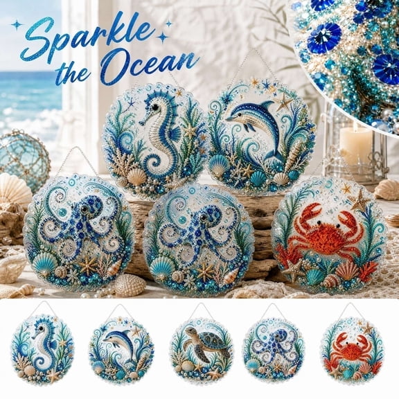 Hanging Diamond Art Ornament, Coastal Wall Decor, Nautical Decor for Home, Diamond Art Kit, 5D Diy Ocean Theme Acrylic Hanging Wall Decor for Living Room, Entryway and Window