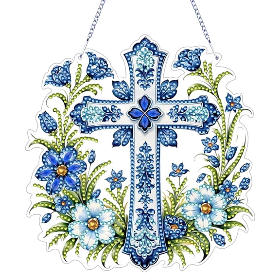 Hanging Diamonds Art kit for Adult,DIY Cross Flowers Pendant Diamonds Painting Art Kit, 7.0x6.8 inch Acrylic Diamonds Painting Board Kit Ornament, Special Crystal Diamond Hanging Ornament