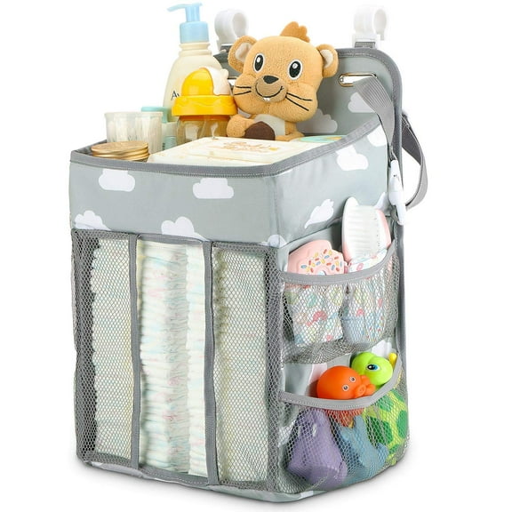 Hanging Diaper Caddy Organizer, Baby Diaper Organizer Storage Bag for Changing Table, Cot, Playard and Wall, (Gray Cloud)