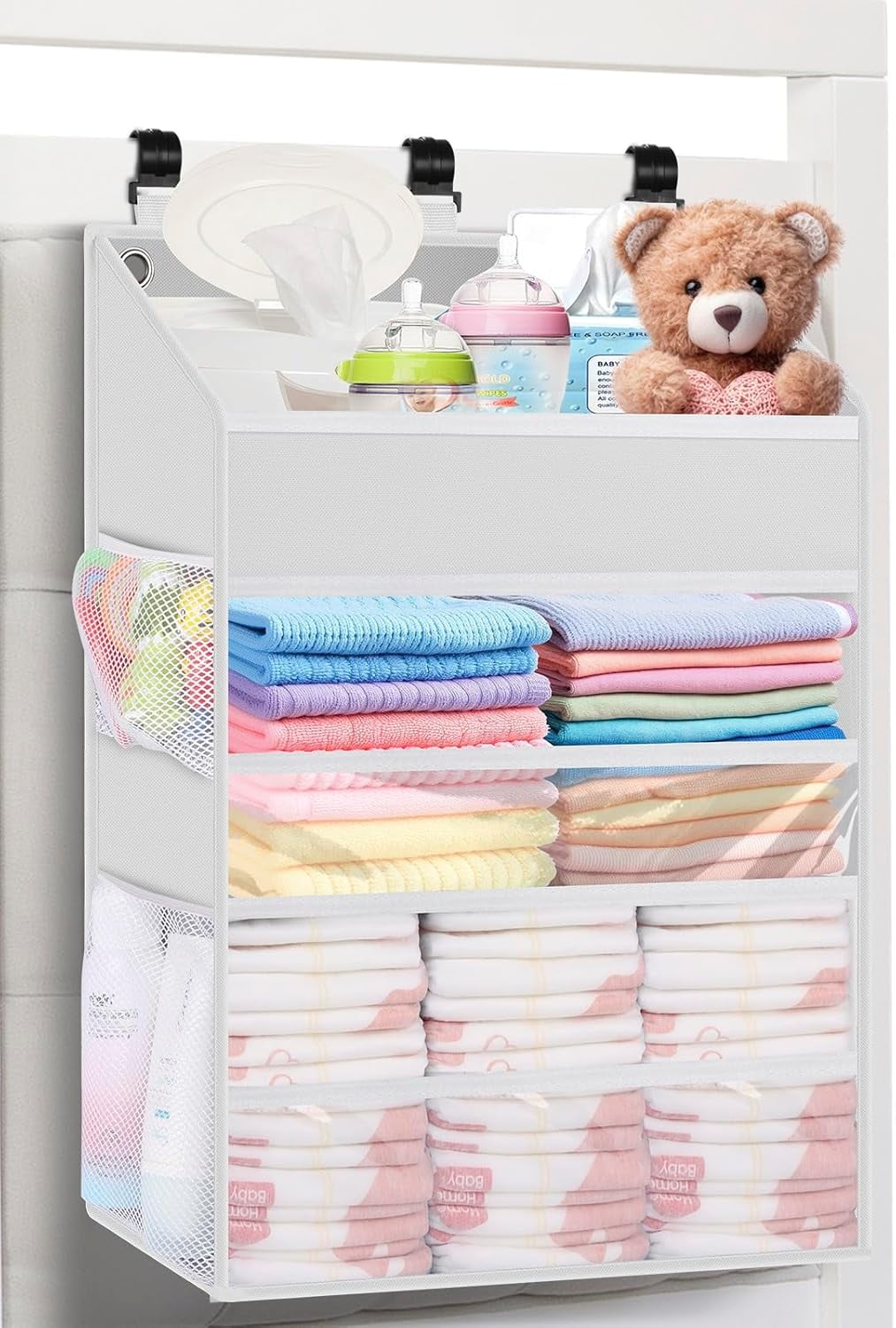 Hanging Diaper Caddy Organizer Crib Organizer–Spacious Baby Girl/Boy Diaper Organizer for Changing Table, Playpen/Wall- Hold 90+ Diaper (White)