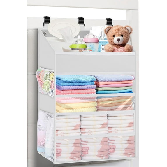 Hanging Diaper Caddy Organizer Crib Organizer–Spacious Baby Girl/Boy Diaper Organizer for Changing Table, Playpen/Wall- Hold 90+ Diaper (White)