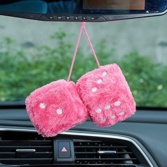 Hanging Dice for Car, Square Mirror Hanging Couple Fuzzy Plush Dice with Dots For Car Interior Ornament Decoration (3inch,Pink)