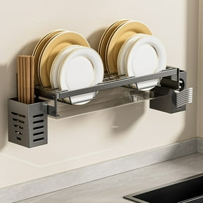 Hanging Dish Drying Rack Wall Mount With Utensil Holder, Kitchen Dishes Plate Shelf Organizers With Removable Drain Board,Small Compact Dish Rack Stainless, Black