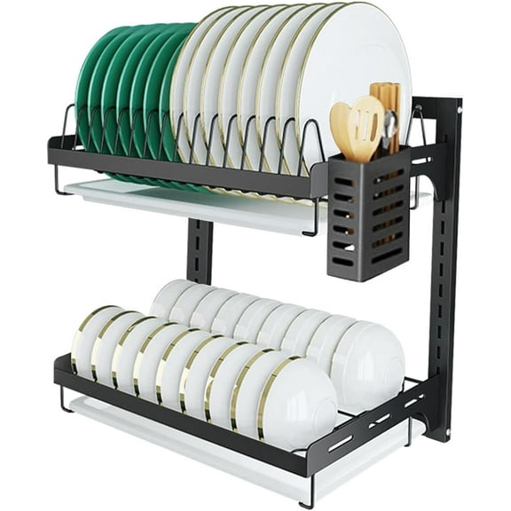 Hanging Dish Drying Rack,Wall Mounted Dish Rack Kitchen, 2 Tier Plate Organizer Wall Mount, Stainless Steel Dish Drainer Storage Shelf with Drainboard, Cutlery Holder, Black, Ajustable Height ( 16" )