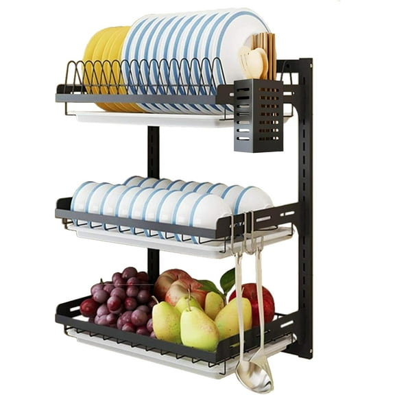 Hanging Dish Drying Rack, Wall Mounted Dish Rack Kitchen, 2 Tier Plate Organizer Wall Mount, Stainless Steel Dish Drainer Storage Shelf with Drainboard, Cutlery Holder, Black, Ajustable Height
