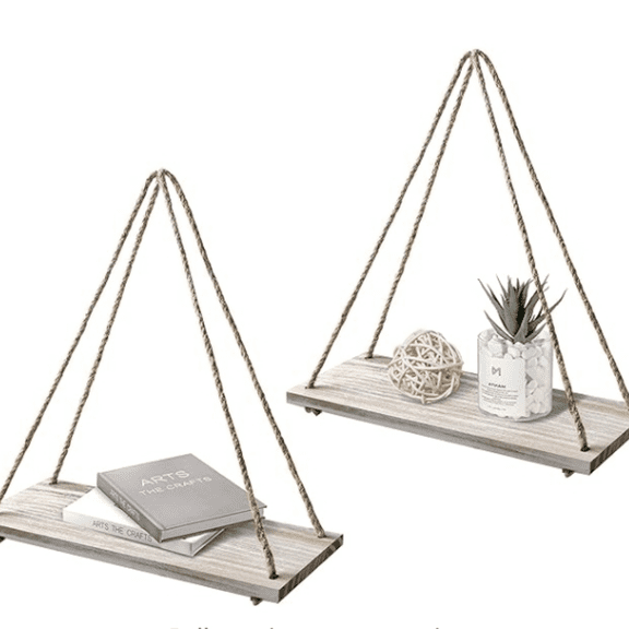 Hanging Distressed Wood Floating Shelves with Swing Rope, Farmhouse Organizer Rustic Home Dcor, Set of 2 (Set of 2, White Wash)