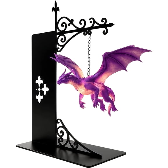 Hanging Dragon Bookend Night Light, Gothic Metal Scroll Stand Floating Purple Dragon Lamp, Resin Dragon Figurine Table Decor for Bookshelf Bedroom, Unique Fantasy Halloween Gift for Dragon Lovers