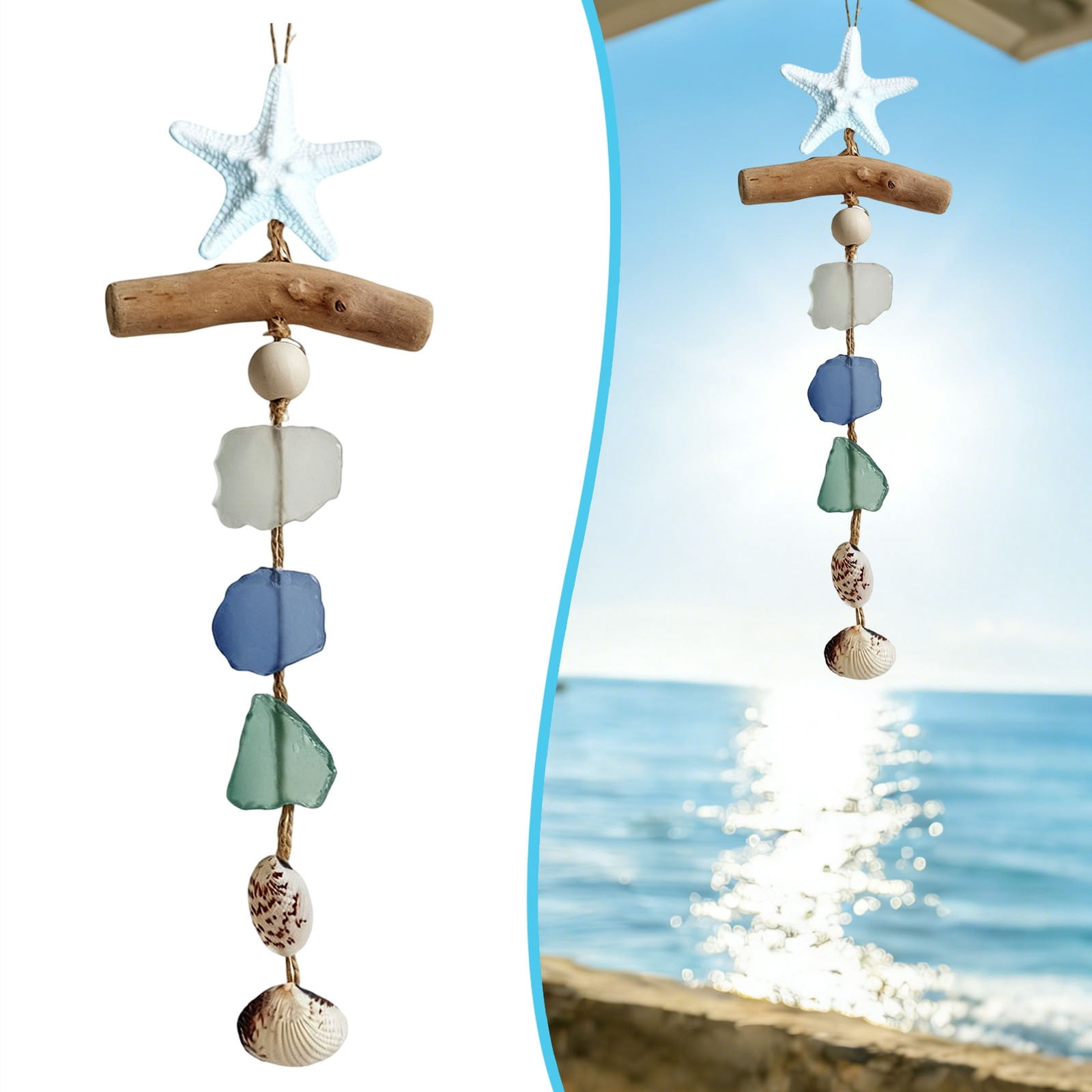Hanging Driftwood Sea Glass Wall Ornament, Coastal Beach Theme