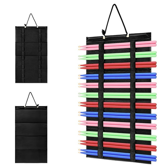 Hanging Drumstick Holder, Versatile Drum Stick Display Holder, Foldable Drum Stick Organizer, Black Polyester, 12 Pair Capacity, Compact Foldable Design for Easy Storage