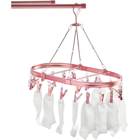 Hanging Drying Rack with 26 Clips – Premium Aluminum Laundry Hanger for Socks, Lingerie & Baby Clothes | Rustproof Space Saving Clothes Drying Rack -(Rose Gold)