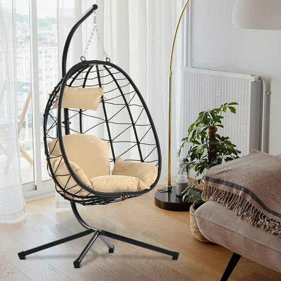 Hanging Egg Chair with C-type Stand Set, Max 300 lbs, Patio Wicker Swing Chair, Lounge Basket Chair with Seat Cushion & Pillow, Heavy Duty Hammock Chair for Indoor Outdoor Porch Balcony, D6621