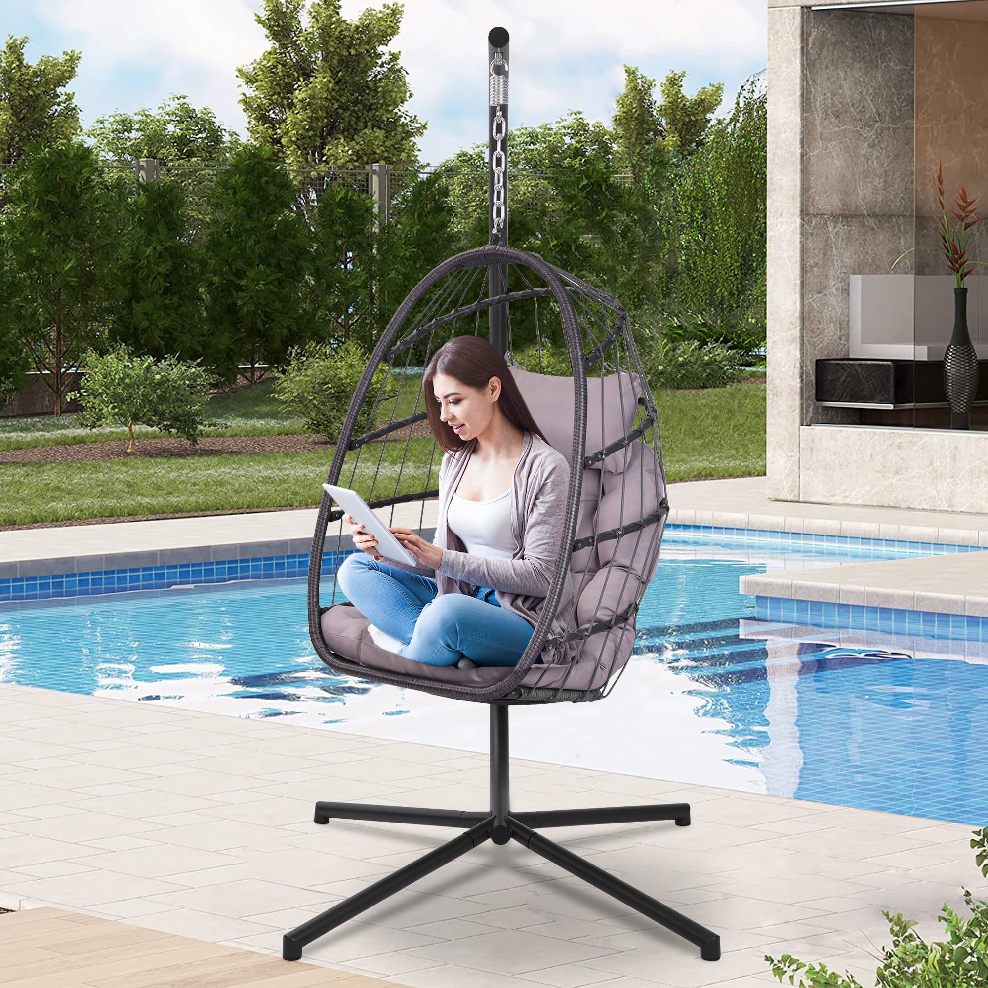 Patio Hanging Egg Chair SYNGAR Swing Chair with C type Stand Set Outdoor Hammock Chair with Soft Seat Cushion Pillow Wicker Lounge Basket Chair for Bedroom Porch Balcony Poolside D5998 Walmart