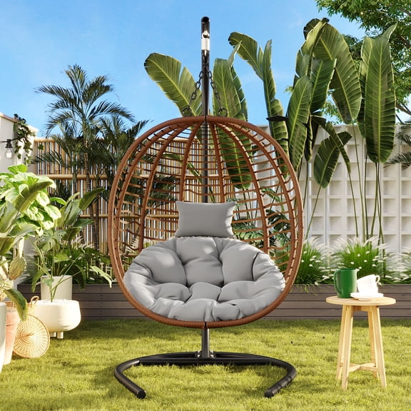 Single Person Folding Egg Chair with Stand,Indoor & Outdoor Hanging Swing Chair, Heavy Duty 330lbs Capacity, Foldable Design, Adjustable Anti-Slip Feet for Patio, Balcony, Garden, Bedroom