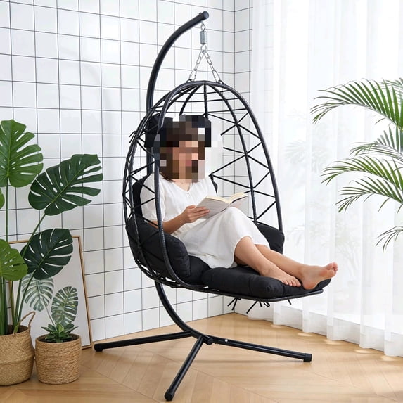 Hanging Egg Chair with Footrest & Stand, Wicker Rattan Swing Hammock ...
