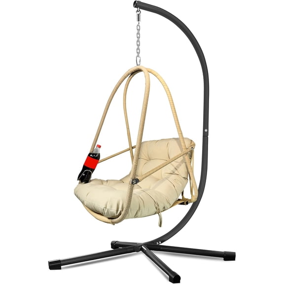Hanging Egg Chair, Indoor Outdoor Swinging Basket, Rattan Wicker Wrap,C-Type Bracket Stand,Removable Guardrail, Integrated Cupholder, Folding Backrest, UV-Resistant Cushions, Pillow Headrest (Beige)