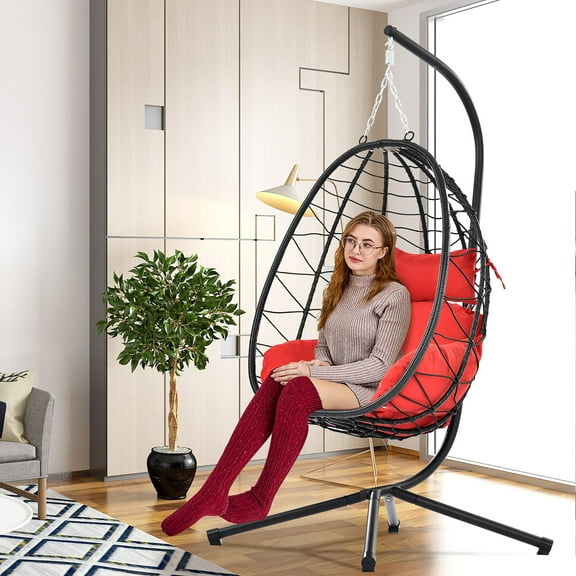 Seizeen Adult Steel Egg Hanging Chair with Stand, Black