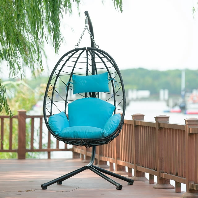 Hanging Egg Chair, Patio Wicker Swing Egg Chair with Stand, Steel Frame