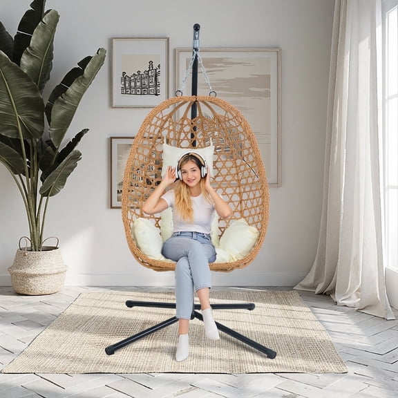 All-Weather Rattan Hanging Egg Chair with Stand & Cushions - Indoor/Outdoor Swing Chair for Patio Balcony Garden - Beige