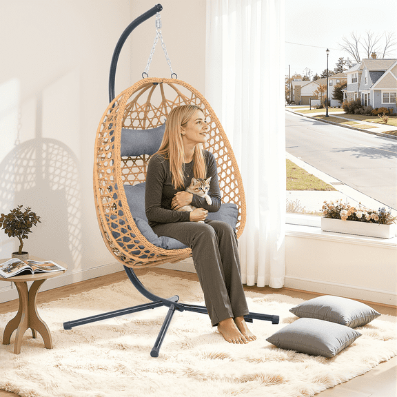 All-Weather Rattan Hanging Egg Chair with Stand & Cushions - Indoor/Outdoor Swing Chair for Patio Balcony Garden - Grey