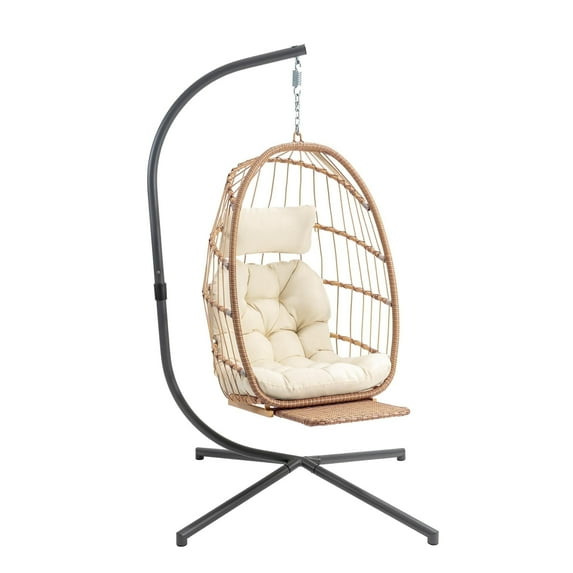Brafab Outdoor Foldable Hanging Egg Chair with Stand and Footrest, Lounge Wicker Swing Chair with Fluffy Cushion and Headrest, 350 lbs Capacity, Beige