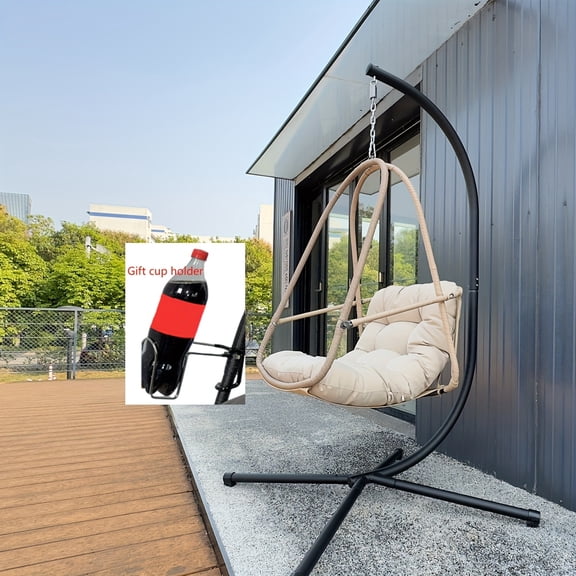 Hanging Egg Chair with Stand, Hammock Style, Includes Cushion, Safety Rail, Cup Holder, Rust-Resistant, Collapsible Frame, Supports Up to 350Lbs, Ideal for Patio Or Backyard