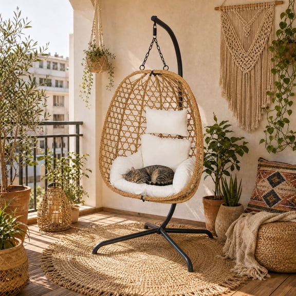 FHFO Hanging Egg Chair with Stand Indoor Outdoor,Comfy Patio Rattan Swing Hammock Chairs with Cushion,300lbs Capacity Egg Shaped Chair for Lawn Backyard Balcony Bedroom,Beige