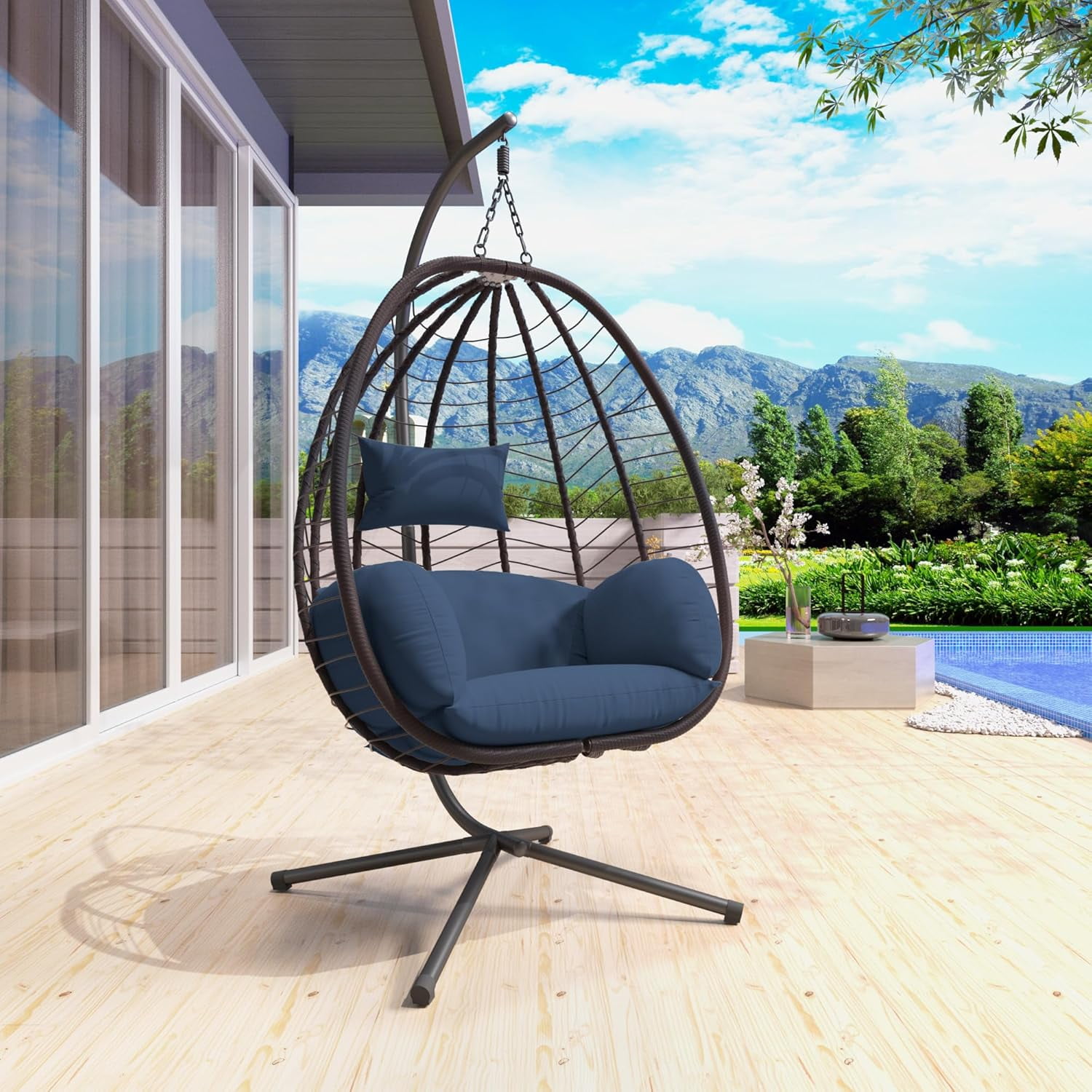 Hanging Egg Chair with Stand Indoor Outdoor Wicker Rattan Egg Swing