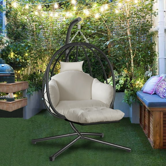 Hanging Egg Chair with Stand and Leg Rest Outdoor Indoor Swing Rattan Wicker with UV Resistant Cushions Gift for Kid Mom Girlfriend use for Bedroom Patio Balcony Nest Chair