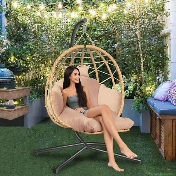 Hanging Egg Chair with Stand and Leg Rest Outdoor Indoor Swing Rattan Wicker with UV Resistant Cushions Gift for Kid Mom Girlfriend use for Bedroom Patio Balcony Nest Chair