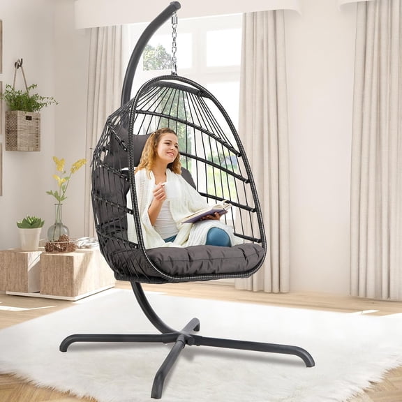 Hanging Egg Chair with Stand Outdoor Swinging Egg Chair with Water Resistant Cushions PE Rattan Wicker Egg Chair Foldable Basket for Indoor Bedroom Patio Garden 350lbs Capacity (Dark Grey)