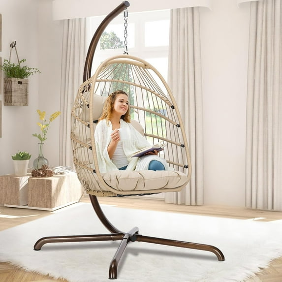 Hanging Egg Chair with Stand Outdoor Swinging Egg Chair with Water Resistant Cushions PE Rattan Wicker Foldable Basket for Indoor Bedroom Patio Garden 350lbs Capacity (Beige)