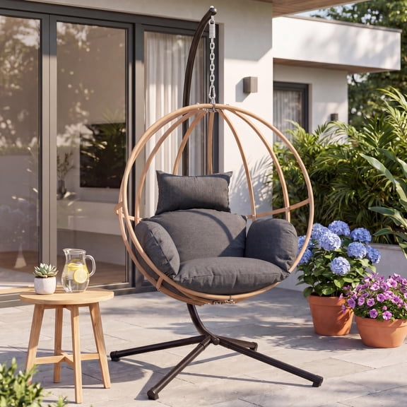 Hanging Egg Chair with Stand, Patio Rattan Wicker Swing Basket Hammock Chair with Cushions, Indoor Outdoor Rigid Lounger for Bedrooms Balconies Gardens, Adult Single Person