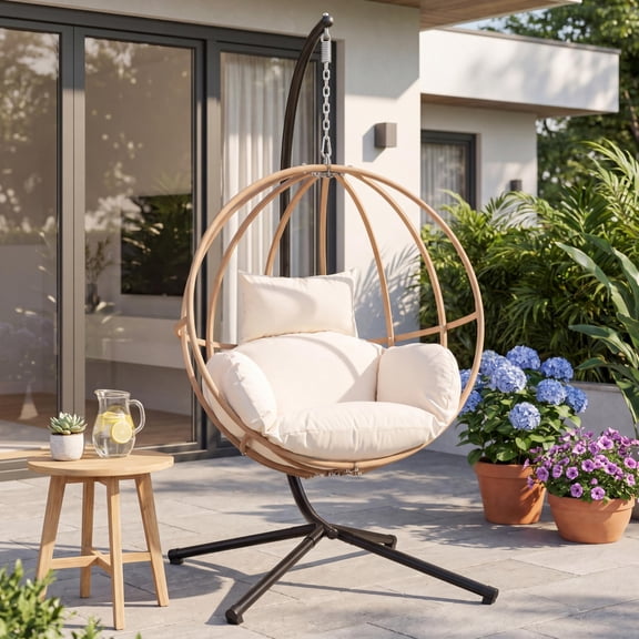 Hanging Egg Chair with Stand, Patio Rattan Wicker Swing Basket Hammock Chair with Cushions, Indoor Outdoor Rigid Lounger for Bedrooms Balconies Gardens, Adult Single Person