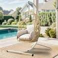 thumbnail image 1 of Hanging Egg Chair with Stand, Rattan Wicker Swing Egg Chair with Resistant Cushion, 300lbs Capacity, Foldable Hanging Basket Chair for Porch, Garden, Bedroom, Balcony - Beige, 1 of 7