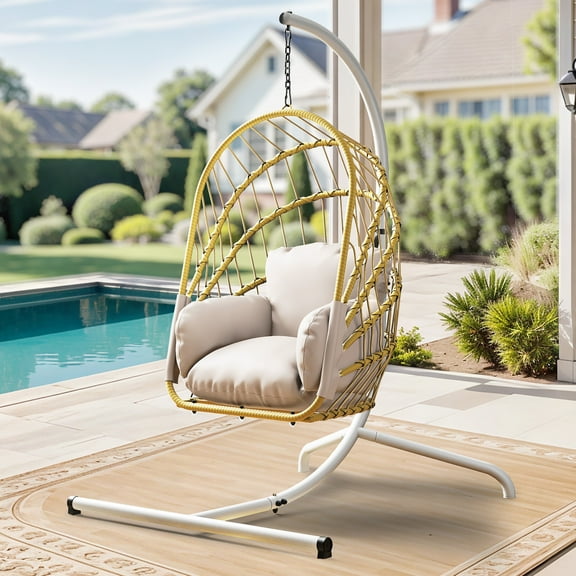 Hanging Egg Chair with Stand, Rattan Wicker Swing Egg Chair with Resistant Cushion, 300lbs Capacity, Foldable Hanging Basket Chair for Porch, Garden, Bedroom, Balcony - Beige