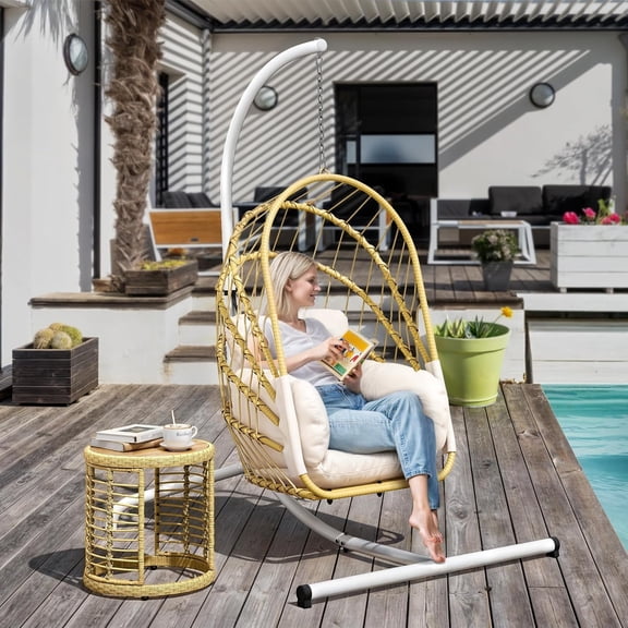 Hanging Egg Chair with Stand, Rattan Wicker Swing Egg Chair with Resistant Cushion, 350lbs Capacity, Foldable Hanging Rattan Basket Chair for Porch, Garden, Bedroom, Balcony, Beige
