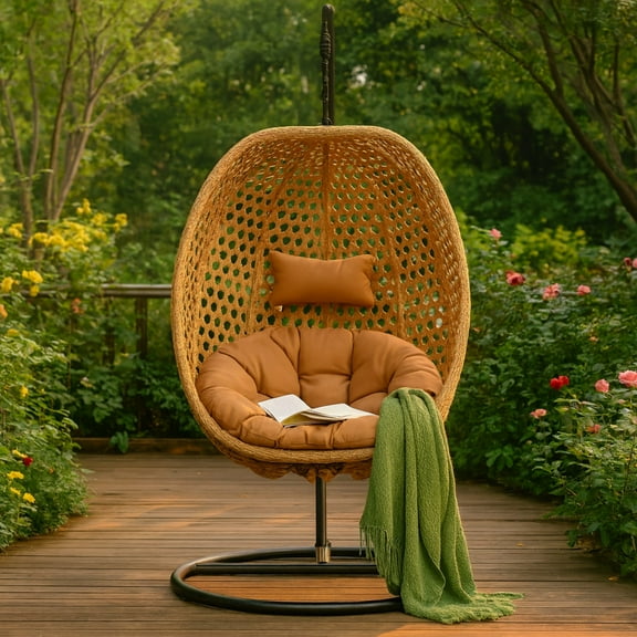 SUDICA Outdoor Hanging Rattan Egg Chair with Stand, Light Brown Wicker Swing Chair with Soft Cushion for Balcony or Garden