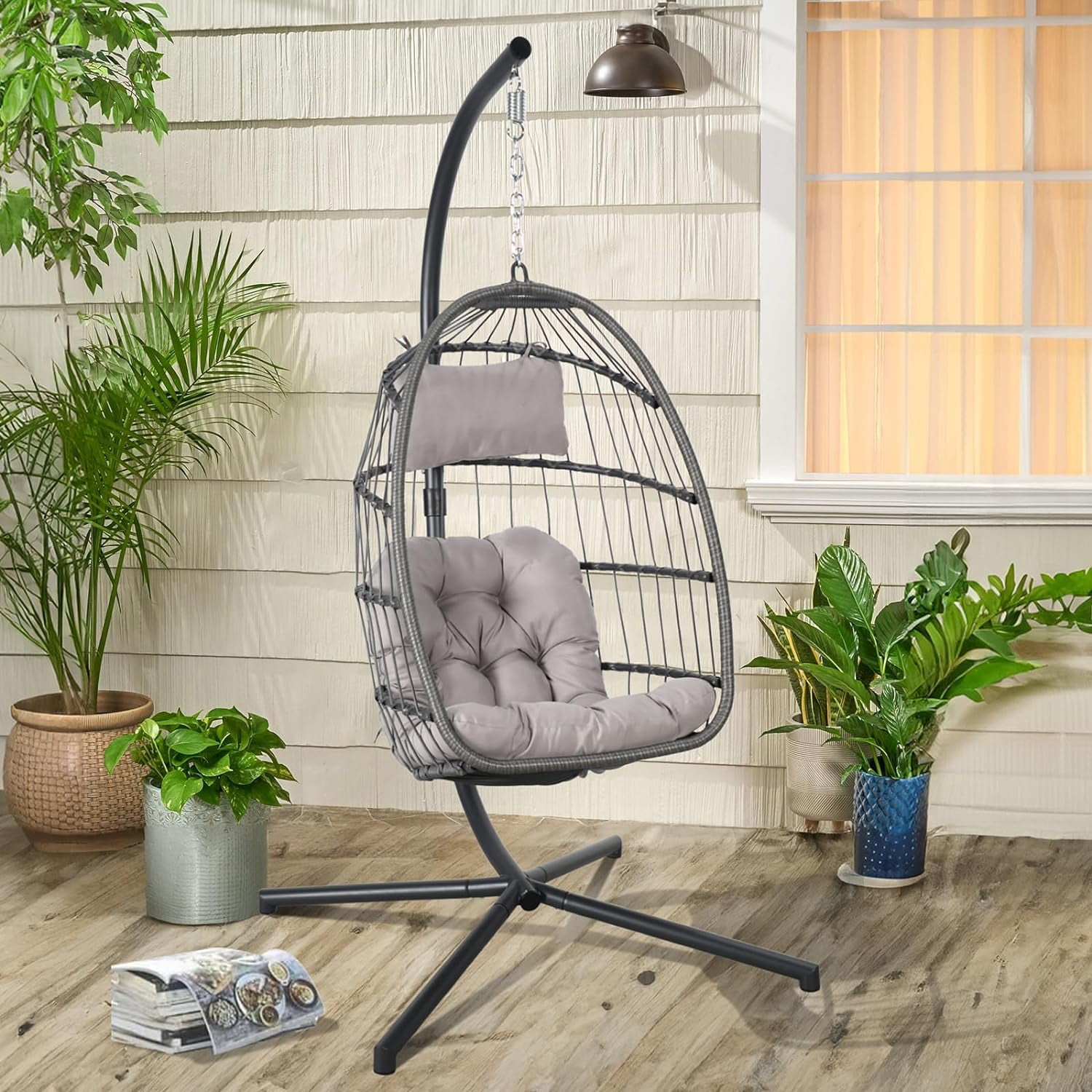 Hanging Egg Chair with Stand and Weather Cover, Indoor/Outdoor Foldable