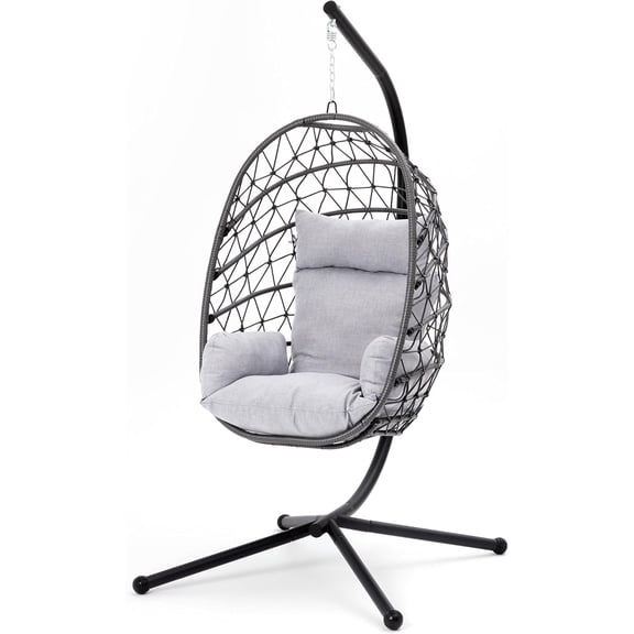 Hanging Egg Chair, Swing Chair with Stand, Hammock Chair Indoor, Patio Boho Wicker 350lbs Capacity, Swing Chair for Bedroom Garden, Balcony, Black & Gray