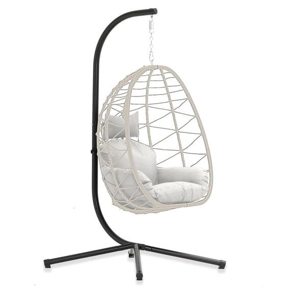 Hanging Egg Chair With Stand - Beige-Light Grey, PE Rattan, 350 lbs