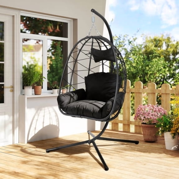 Hanging Egg Chair With Stand PE Wicker 350lbs Thick Cushion Washable Capacity Outdoor Swing Chair For Patio Balcony Bedroom Garden Black