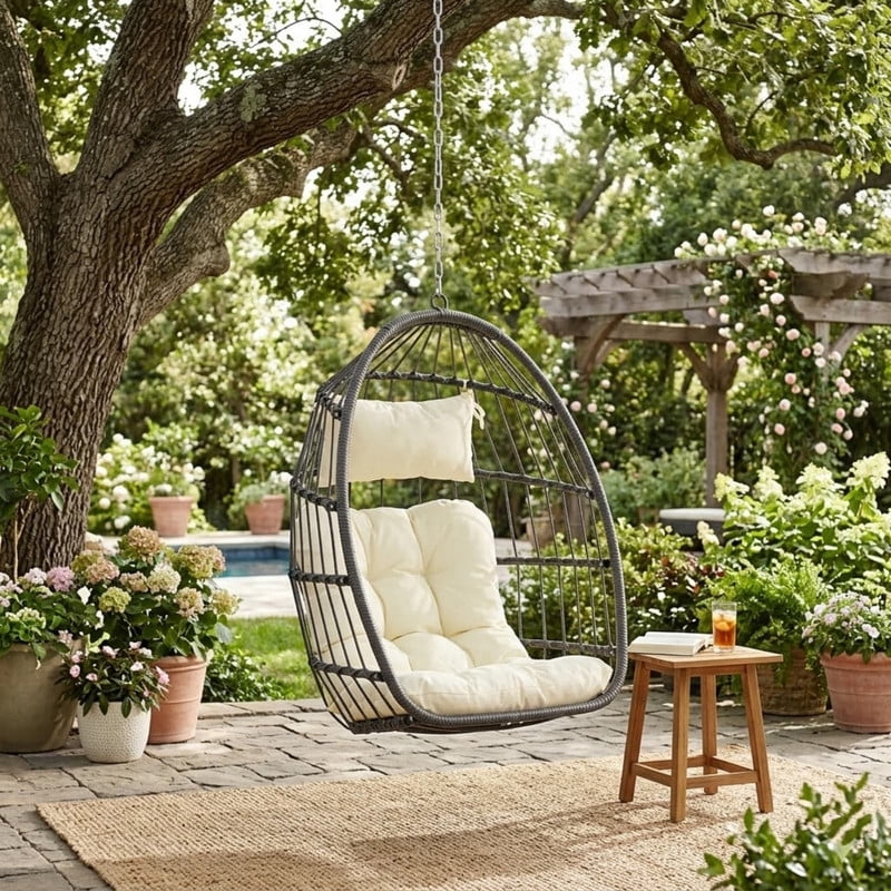 Hanging Egg Chair Without Stand, Indoor Outdoor Wicker Rattan Swing Egg Chair with Hanging Chain, Hammock Chair with UV Resistant Cushion