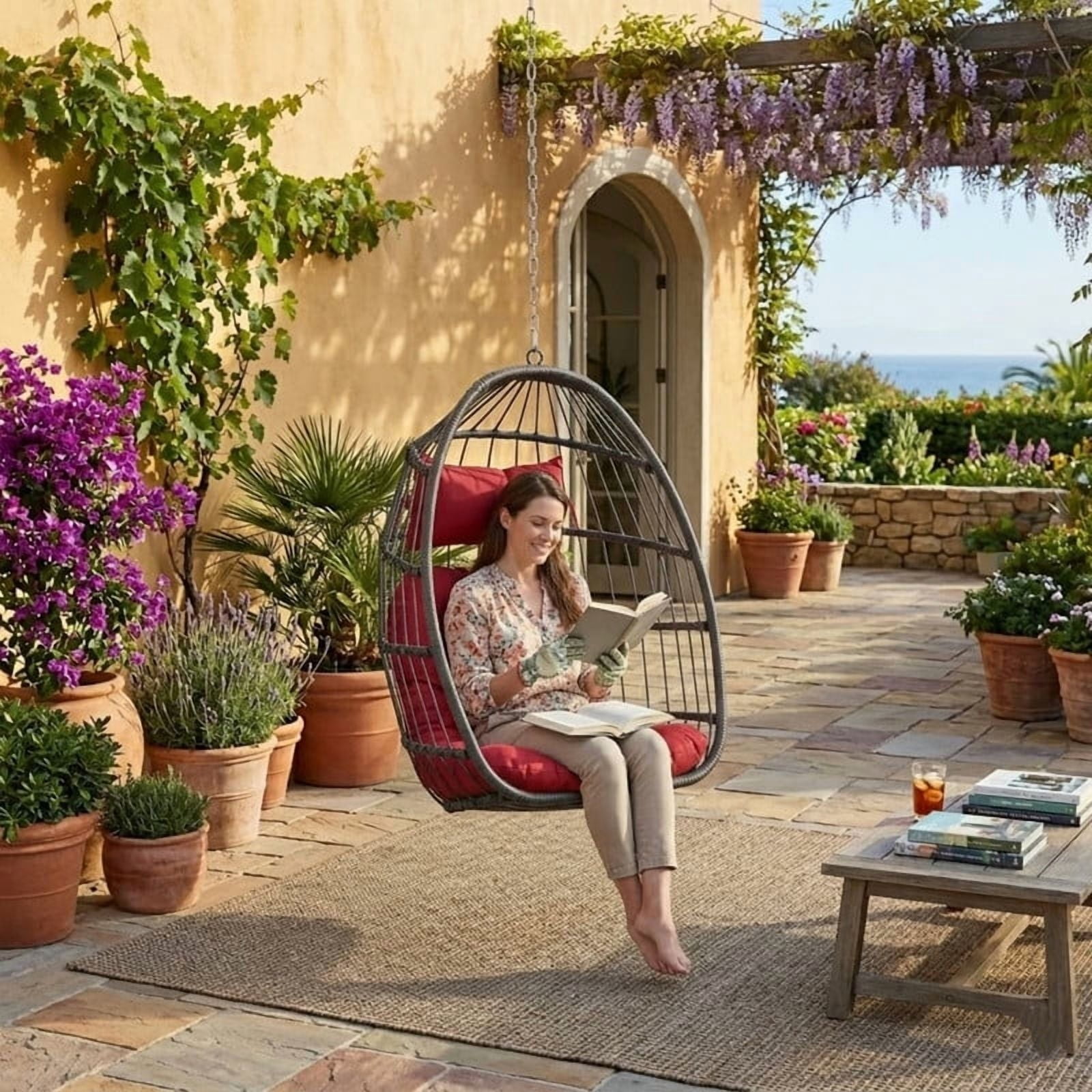 Hanging Egg Chair Without Stand, Indoor Outdoor Wicker Rattan Swing Egg Chair with Hanging Chain, Hammock Chair with UV Resistant Cushion