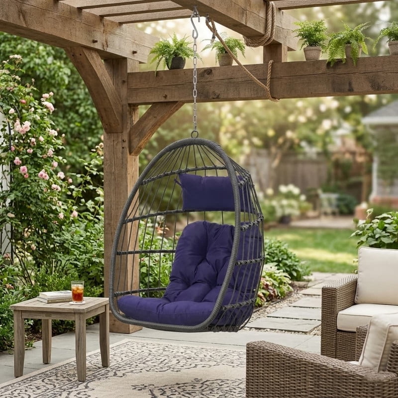 Hanging Egg Chair Without Stand, Indoor Outdoor Wicker Rattan Swing Egg Chair with Hanging Chain, Hammock Chair with UV Resistant Cushion