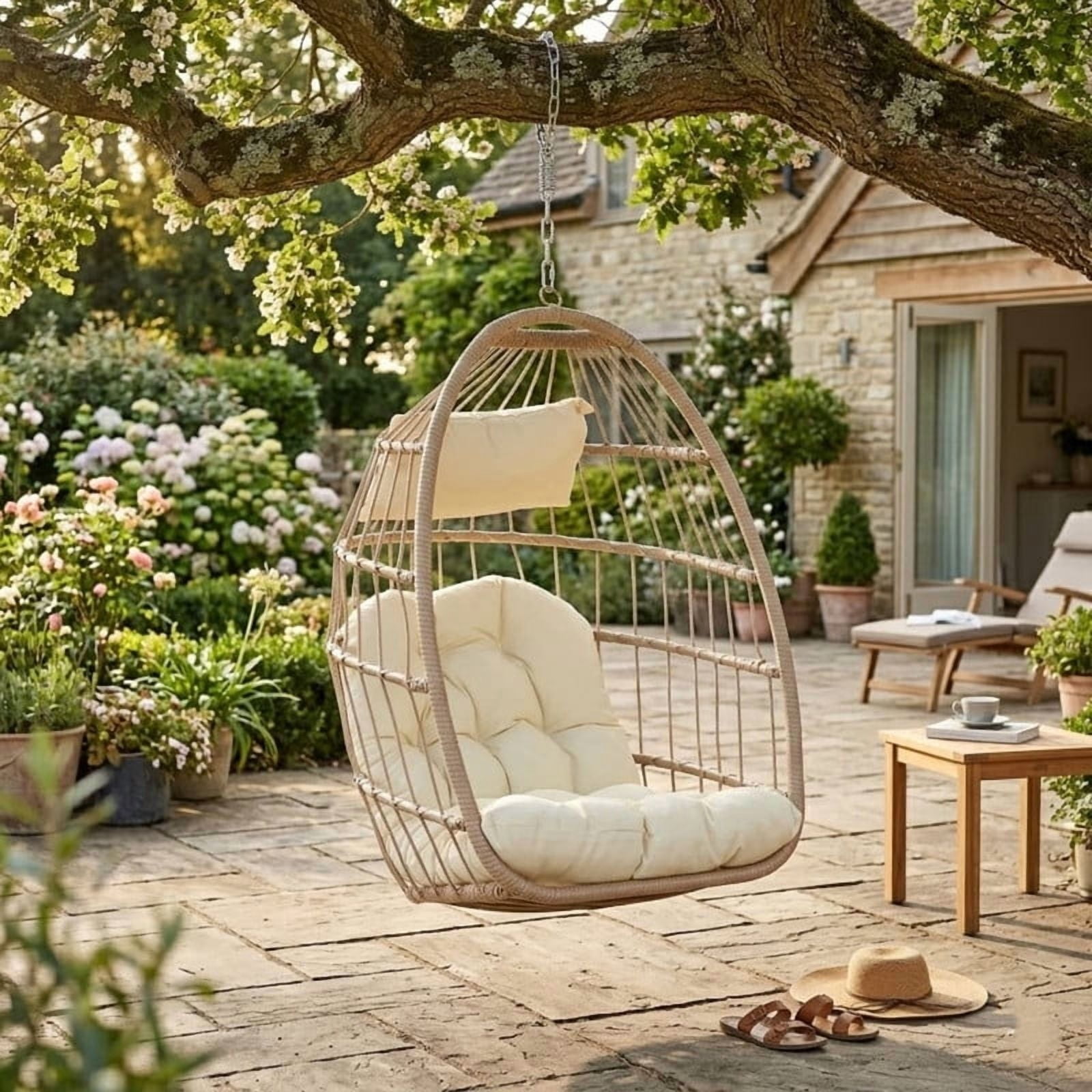 Hanging Egg Chair Without Stand, Indoor Outdoor Wicker Rattan Swing Egg Chair with Hanging Chain, Hammock Chair with UV Resistant Cushion